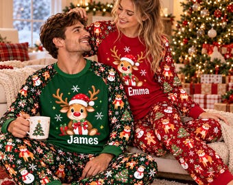 Personalized Christmas Pajamas Set, Custom Name Reindeer PJs, Matching Family Christmas Pajamas, Couples Holiday Sleepwear, Xmas Gift