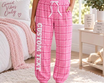 Personalized Plaid Pajama Pants, Custom Name Family Pajama Bottoms, Matching Christmas PJs, Women Men Kids Lounge Pants, Holiday Gift