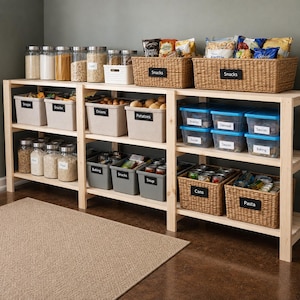 May include: A light wood shelving unit organized with various storage containers. The shelves hold clear glass jars, beige fabric bins, grey plastic bins, woven wicker baskets, and blue-lidded plastic containers, all labeled with black tags.