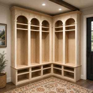 May include: A large, light-colored wooden corner storage unit featuring five tall, arched open shelving sections at the top and five corresponding rectangular open cubby compartments along the base, constructed with vertical pillars and crown molding.