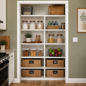 May include: A white pantry shelving unit with organized storage. Features include glass jars with wooden lids, woven seagrass baskets, a black wire basket, and clear plastic containers. Labels on the baskets read Pasta, Canned Goods, Snacks, and Drinks.