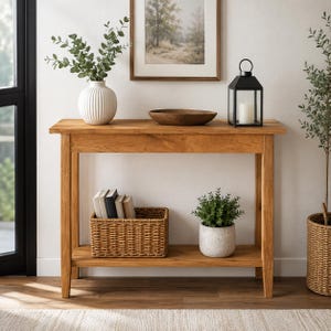 May include: A rectangular wooden console table with four straight legs and a lower shelf. The top surface holds a white ribbed vase with greenery, a wooden bowl, and a black metal lantern. The lower shelf contains a woven basket with books and a potted plant.