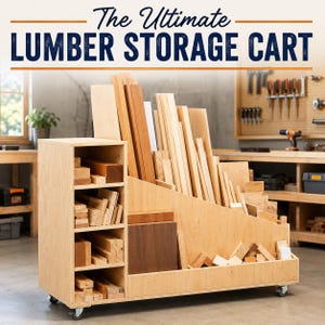 May include: A light-coloured plywood lumber storage cart on casters featuring a vertical shelving unit with four open compartments and a large angled bin for storing various lengths of wood boards. The text The Ultimate LUMBER STORAGE CART is visible.