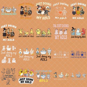 Puede incluir: Una colección de diseños gráficos digitales con patos y gatos realizando actividades diarias, con el texto Just Doing My ADLs. Las ilustraciones incluyen personajes en bañeras, leyendo y usando disfraces sobre un fondo naranja.