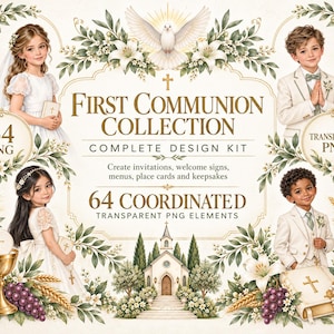 First Communion Clipart Bundle, 64 PNG, Holy Communion Invitation Design Kit