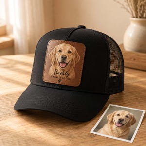 Cappellino da camionista personalizzato con foto di animali domestici, cappellino con ritratto di cane personalizzato, toppa in pelle personalizzata, regalo commemorativo per amanti dei cani, ricordo per animali domestici