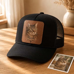 Cappellino da camionista personalizzato con foto di animali domestici, berretto con toppa in pelle personalizzata con ritratto di gatto, regalo commemorativo per animali domestici, cappello ricordo per amanti degli animali