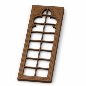 Peut inclure: Un cadre de fenêtre miniature rectangulaire en bois brun avec un sommet en arc pointu et une grille de douze carreaux rectangulaires. Le cadre a une surface lisse et plate et est orienté verticalement. Un logo circulaire est visible en haut à gauche.