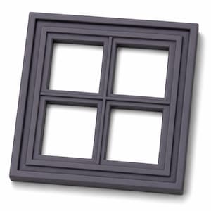 Peut inclure: Un cadre de fenêtre miniature carré gris foncé avec un design à quatre carreaux. Le cadre présente une bordure épaisse et étagée avec une finition mate lisse. Un logo circulaire dans le coin supérieur gauche porte le texte The House of Windows.