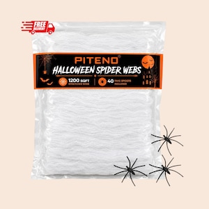 May include: A clear plastic packet of white Halloween spider webs with a black label reading PITENO HALLOWEEN SPIDER WEBS, 1200 SQFT, and 40 FAKE SPIDERS INCLUDED. Three small black plastic spiders are positioned to the right of the packet.