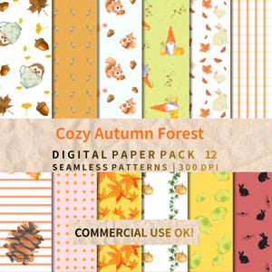 以下が含まれることがあります： Cozy Autumn Forestというタイトルのデジタルペーパーパック。ハリネズミ、リス、ノーム、ウサギ、カボチャ、ドングリ、カエデの葉、イチョウの葉、星、ストライプの水彩イラストが描かれた12種類のシームレスパターンが含まれており、オレンジ、黄色、白の色調で構成されています。