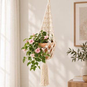Könnte beinhalten: Ein cremefarbener Makramee-Pflanzenhänger mit einem geknoteten Schnurdesign, das einen Terrakottatopf hält. Im Topf befindet sich eine grüne Pflanze mit kleinen, zarten rosa Blüten. Der Hänger endet unten mit einer langen, dicken Fransenquaste.