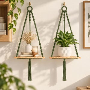 May include: Two triangular wooden shelves suspended by dark green macrame cord. The left shelf holds a white vase with dried flowers, books, and a small bird figurine. The right shelf holds a white textured pot with a green leafy plant.