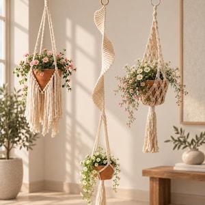 Peut inclure: Trois suspensions pour plantes en macramé blanc cassé suspendues au plafond. Deux supports maintiennent des pots en terre cuite avec des fleurs roses et blanches, tandis que le support central présente un design en spirale avec des fleurs blanches.
