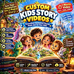Op de afbeelding: Een promotieafbeelding voor gepersonaliseerde verhalenvideo's voor kinderen met een open boek en een 3D-kasteelscène, omringd door geanimeerde personages zoals een eenhoorn, draak, leeuw, konijn en twee kinderen, met tekst over gepersonaliseerde animatieverhalen.