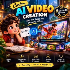 Puede incluir: Un gráfico digital para la creación de videos con IA personalizada que muestra un personaje de dibujos animados, una tableta con una animación de dragón y tiras de película. El texto incluye Custom AI VIDEO CREATION, Turn Your Ideas Into Stunning Videos!, 8 Seconds AI Video y Your Story + Our AI = Magic!