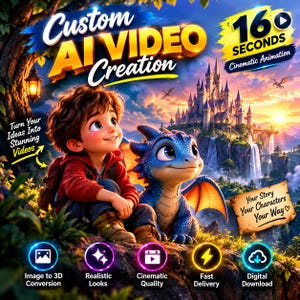 Peut inclure: Une publicité numérique pour la création de vidéos IA personnalisées montrant un enfant et un dragon bleu assis sur une falaise face à un château. Le texte inclut Custom AI VIDEO Creation, 16 SECONDS, Turn Your Ideas Into Stunning Videos et Your Story Your Characters Your Way.