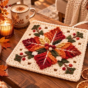May include: A square crochet potholder featuring a central motif of textured autumn leaves in shades of red, orange, and yellow, accented with green leaves and small red berries, all set against a cream-colored crocheted background.