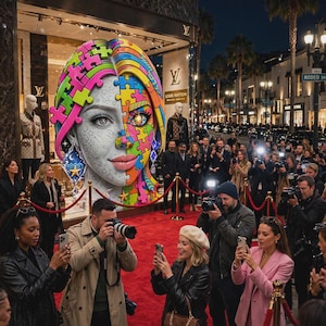 May include: A large, colourful, three-dimensional sculpture of a face decorated with puzzle piece patterns in bright neon colours, displayed in a storefront window with the Louis Vuitton logo, positioned above a red carpet with photographers.