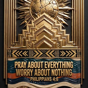 May include: A gold-toned wall plaque featuring a sunburst design above a stepped pyramid structure. Below, a textured panel displays the text PRAY ABOUT EVERYTHING WORRY ABOUT NOTHING PHILIPPIANS 4:6 in gold lettering over wavy blue and orange lines.
