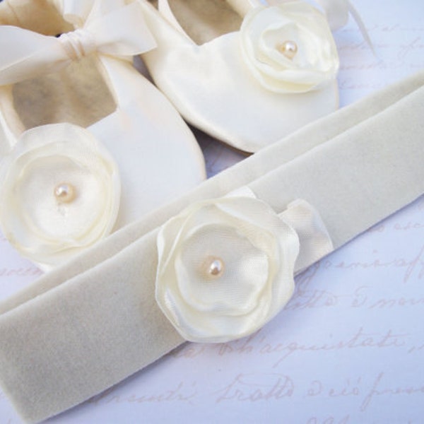 Satin Flower Hair Clip with Nylon Headband - White or Ivory Colors Available