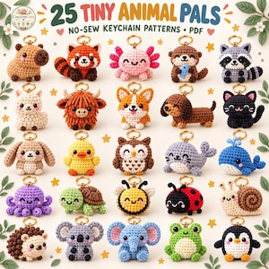 May include: A digital display featuring 25 tiny crocheted animal keychain patterns, including a capybara, red panda, axolotl, otter, raccoon, llama, highland cow, corgi, dachshund, cat, bunny, chick, owl, seal, whale, octopus, turtle, bee, ladybug, snail, hedgehog, koala, elephant, frog, and penguin.