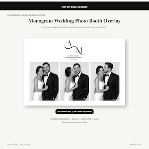 May include: A digital wedding photo booth overlay template featuring a black and white design with the monogram AM, the names Carla & Juan, and the date 3.21.2026. The layout includes three vertical photo frames in a 4x6 landscape orientation.