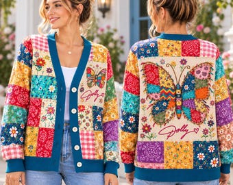 Dolly Parton Patchwork Cardigan, Colorful Butterfly Floral Sweater, Country Music Cardigan, Dolly Fan Gift, Western Cowgirl Top