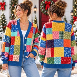 May include: A long-sleeve cardigan featuring a vibrant patchwork design of various floral, gingham, and solid-colored fabric squares in red, yellow, blue, and green. The garment has a solid blue V-neck trim, blue ribbed cuffs, and a front button closure.
