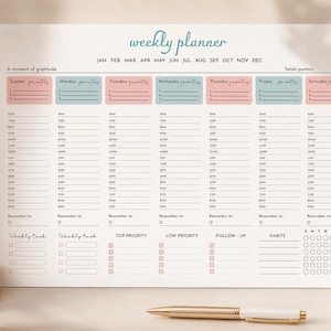 May include: A white weekly planner sheet featuring a teal header, months from January to December, and seven columns for days of the week. Each day includes priority boxes, hourly time slots from 6:00 to 9:00, task lists, and habit trackers.