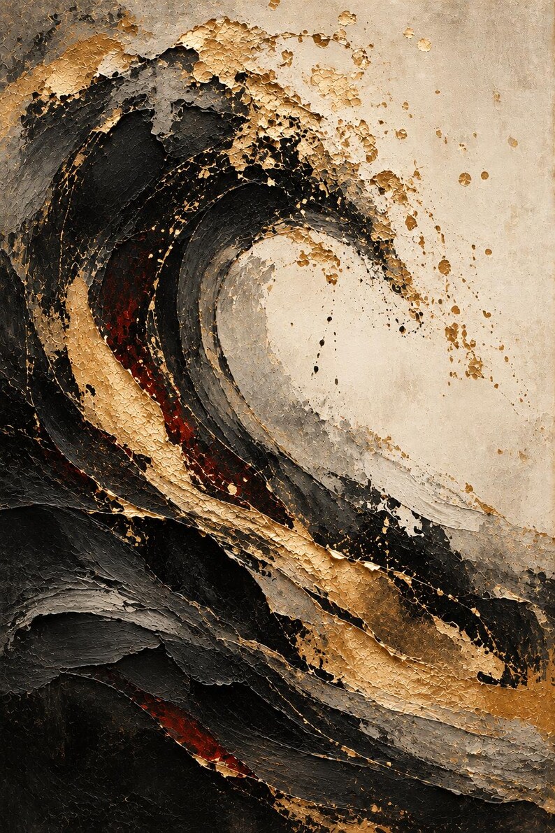 Japanese Abstract Wall Art Set of 5, Black Gold Oil Painting Prints ...