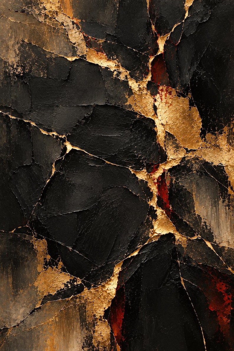Japanese Abstract Wall Art Set of 5, Black Gold Oil Painting Prints ...