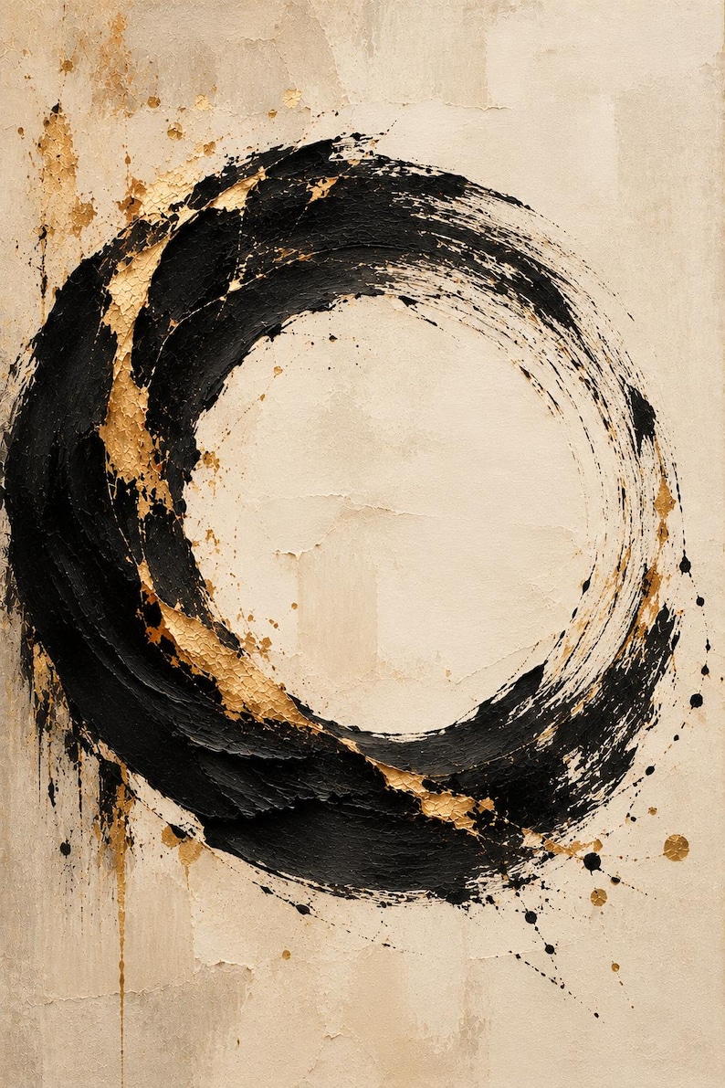 Japanese Abstract Wall Art Set of 5, Black Gold Oil Painting Prints ...