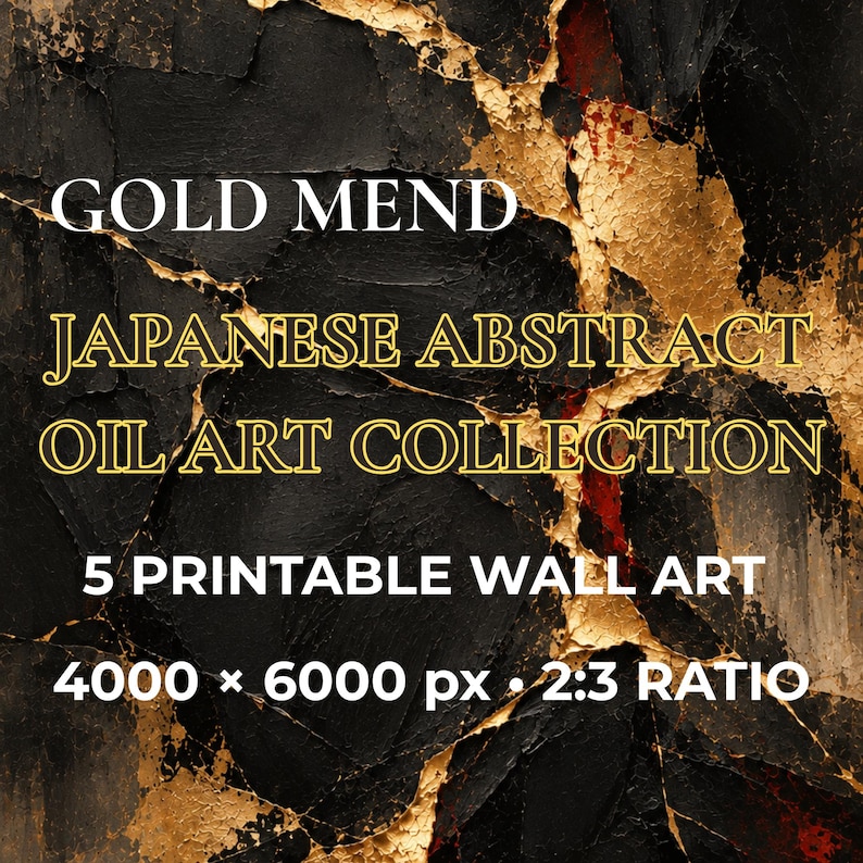 Japanese Abstract Wall Art Set of 5, Black Gold Oil Painting Prints ...