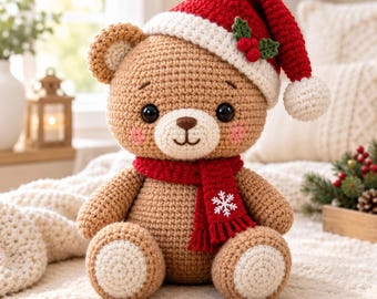 Crochet Christmas Bear PDF Pattern – Easy Amigurumi with Santa Hat, Scarf & Crochet Holly Leaf, Beginner