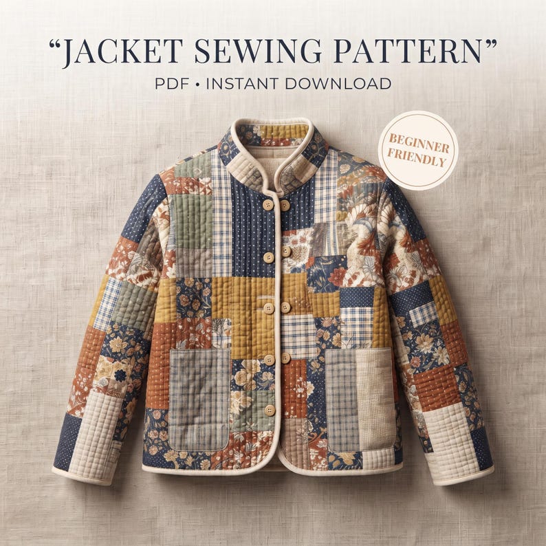 patchwork jacket pdf
quilted coat pattern
button jacket pdf 
unlined jacket pdf