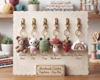6-in-1 Keychain Crochet Pattern Bundle: Strawberry, Frog, Cat, Mushroom, Teddy & Rainbow Crochet PDF Amigurumi