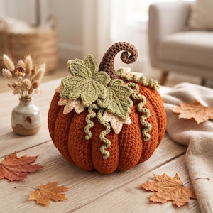 May include: A round, orange crocheted pumpkin featuring a dark brown curled stem, two large sage green crocheted leaves, and several light green crocheted tendrils. The pumpkin has a textured, ribbed surface created by the crochet stitching.