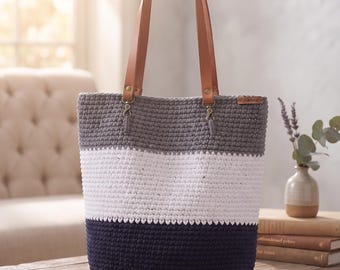 Beginner Crochet Tote Bag Pattern – Easy Cotton Tote with Leather Stripe (PDF Download)