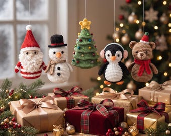 Handmade Crochet Christmas Ornament Set – Hanging Snowman & Santa Claus Pendant, Crochet Tree/Teddy PDF