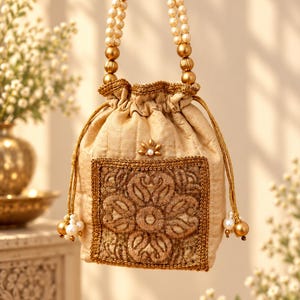 May include: A beige drawstring pouch bag featuring a square central panel with intricate gold embroidery. The bag has a handle made of alternating gold-toned metallic beads and cream-colored faux pearls, with matching bead accents on the drawstring ends.
