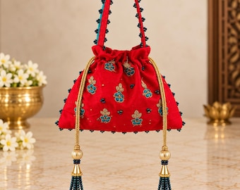 Handmade Red Silk Potli Bag, Teal Gold Embroidery, Beaded Handle, Indian Wedding Purse