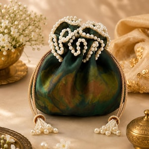 May include: A dark green drawstring pouch featuring a tie-dye pattern, adorned with white pearl embellishments along the gathered top edge. The bag includes two gold braided drawstrings that end in decorative tassels made of white pearls.