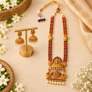 May include: A gold-toned necklace and matching jhumka earrings set. The necklace features a long chain with alternating red and green stones, ending in a large pendant depicting a deity figure with dangling white beads and peacock motifs.