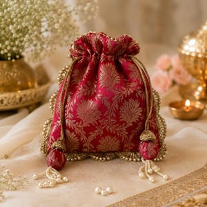 May include: A deep red drawstring pouch featuring a gold floral brocade pattern. The bag is trimmed with a scalloped gold border adorned with small white pearls. Two long gold cords with matching red fabric spheres and pearl tassels hang down.