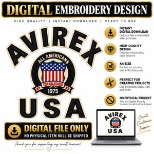 May include: A digital embroidery design featuring the text AVIREX USA in black with a cream outline. A central circular emblem displays a shield with stars and stripes, the text ALL AMERICANS, ESTABLISHED 1975, NY, and NX. A laptop displays the same design.