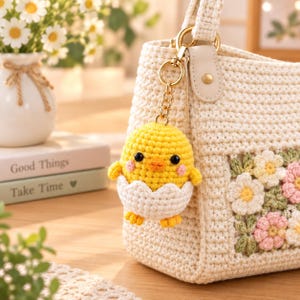 May include: A cream-coloured crocheted handbag featuring a floral pattern on the side and a gold-toned metal keychain of a yellow chick hatching from a white eggshell attached to the handle with a lobster clasp.