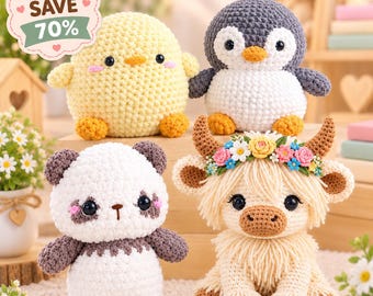 Crochet Animal Pattern Bundle ,Teddy Bear Chick Highland Cow Penguin, Beginner Crochet Animals