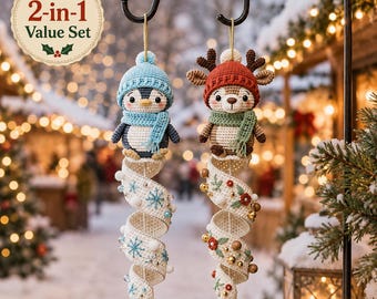 Crochet Christmas Ornament Set, Reindeer & Penguin Spiral Hanging Decorations pattern