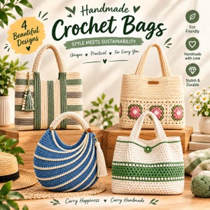 May include: Four handmade crochet bags featuring various designs: a striped bag with a tassel, a floral granny square bag, a blue and cream spiral bag with a tassel, and a cream bag with green horizontal stripes and a central button detail.
